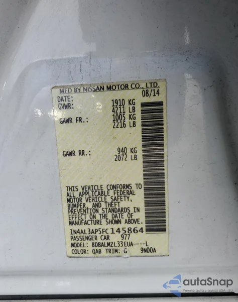 2015 Nissan Altima 2.5 from USA, damaged, VIN 1N4AL3AP5FC145864